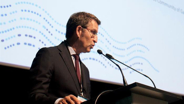 El presidente de la Xunta, Alberto Núñez Feijóo, durante su intervención en la V Conferencia de la Plataforma de Grupos de Interés Atlánticos. SALVADOR SAS (EFE)