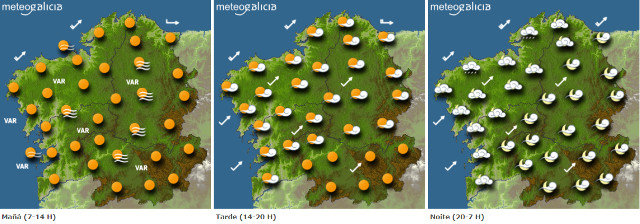 Mapa de la previsión del tiempo para este lunes en Galicia.METEOGALICIA