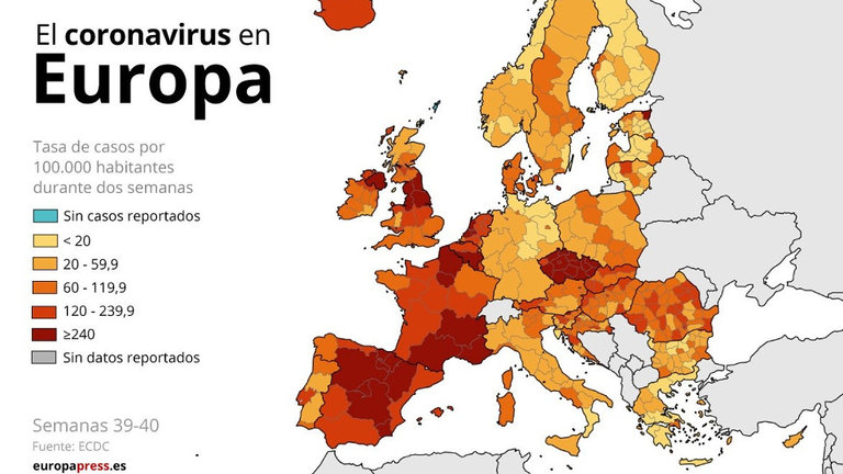 Mapa con tasa de casos de coronavirus por 100.000 habitantes en las últimas dos semanas por regiones europeas. EUROPA PRESS (ECDC)
