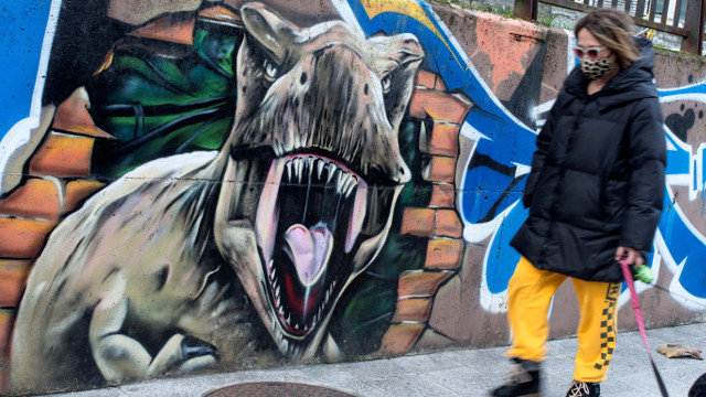 Una mujer con mascarilla pasa delante de un mural. BRAIS LORENZO