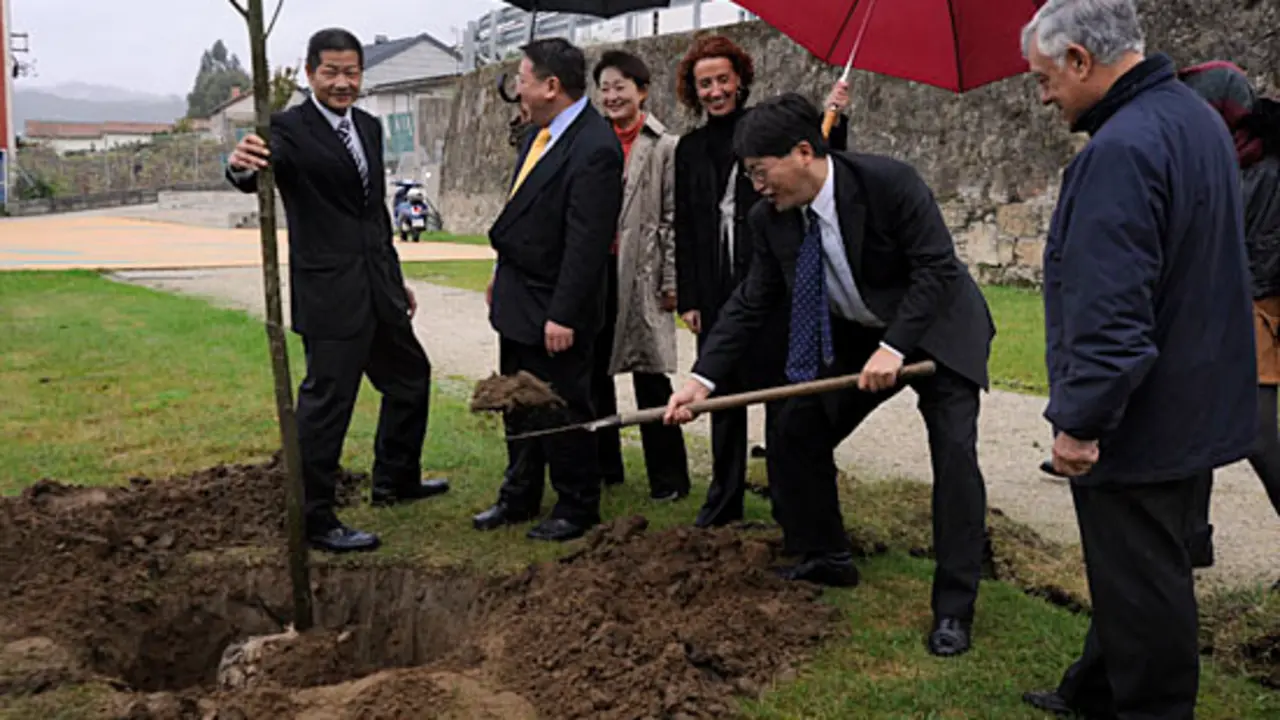 Delegacion japonesa durante plantación del castaño