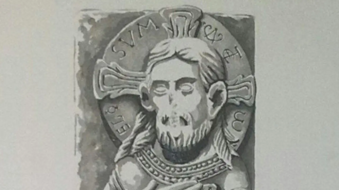 Parte superior do debuxo, que representa ao Cristo Salvador da igrexa de Santiago de Vigo.DP