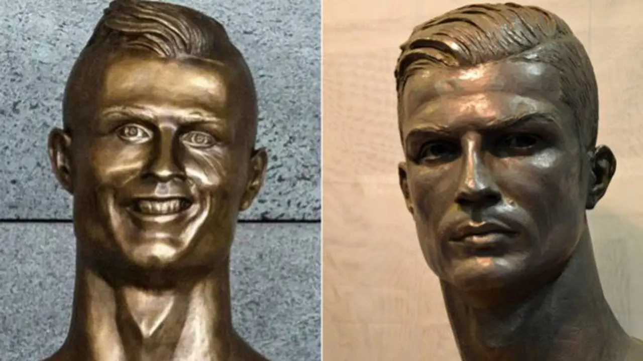 Bustos de Cristiano Ronaldo, en el aeropuerto de Madeira a la izquierda y en el Museo del Real Madrid a la derecha. TWITTER