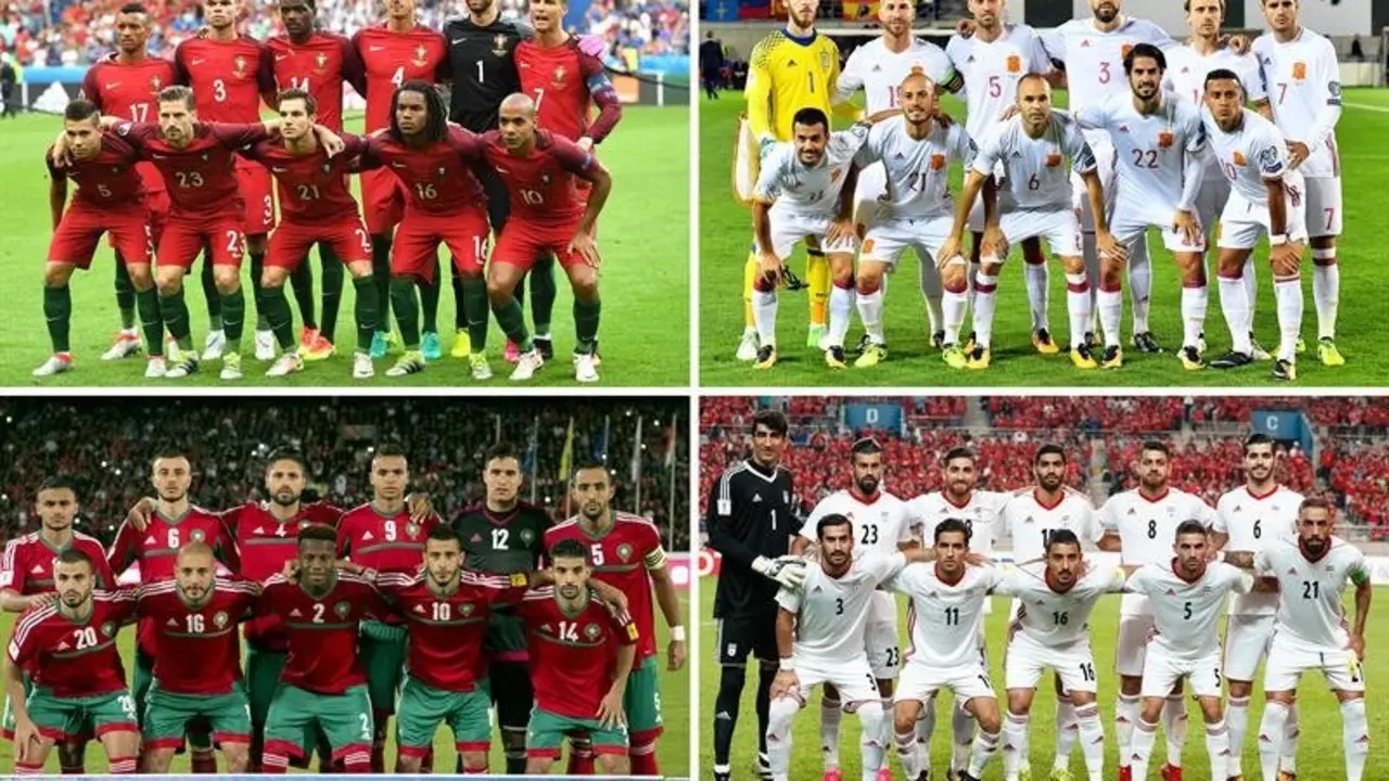 Combo de imágenes de los onces titulares de las selecciones del grupo B (Portugal, España, Marruecos e Irán) tras el sorteo del Mundial de Rusia 2018. YURI KOCHETKOV (EFE)