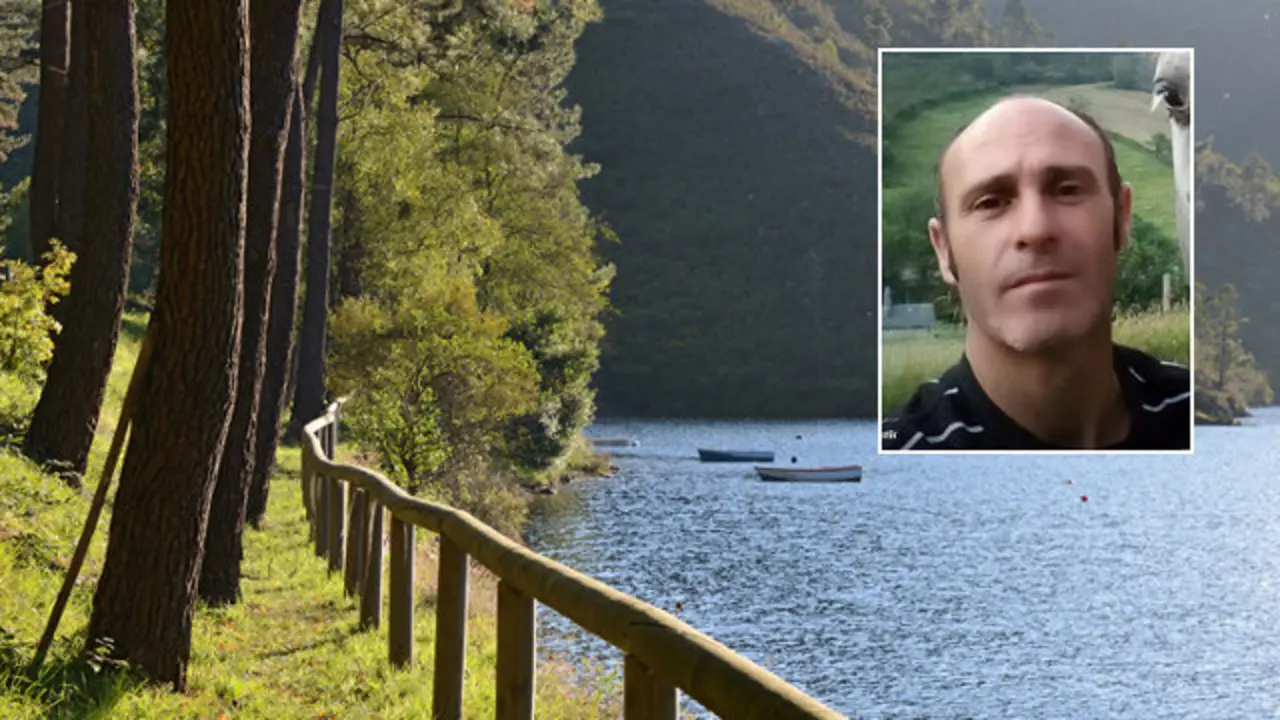 Embalse de Arbón, donde apareció el cuerpo, con la cara del detenido sobreimpresionada