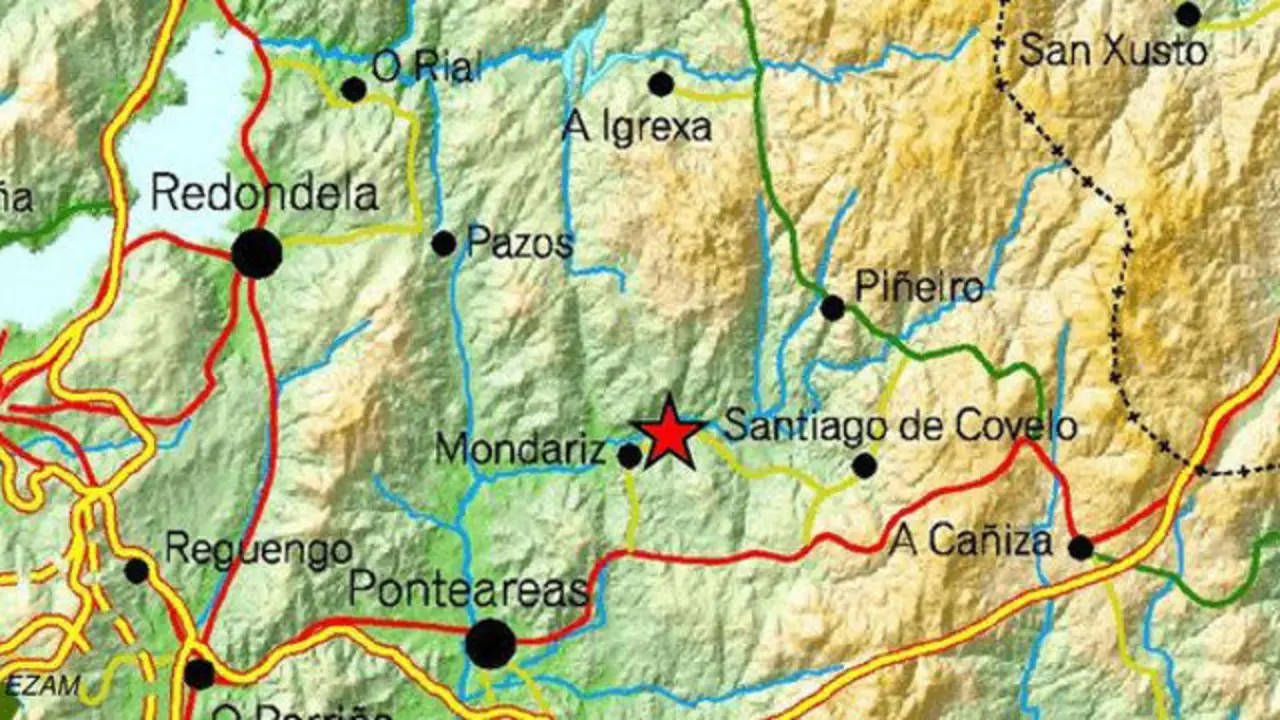 Señalado con una estrella, el epicentro del seísmo registrado en Mondariz. IGN
