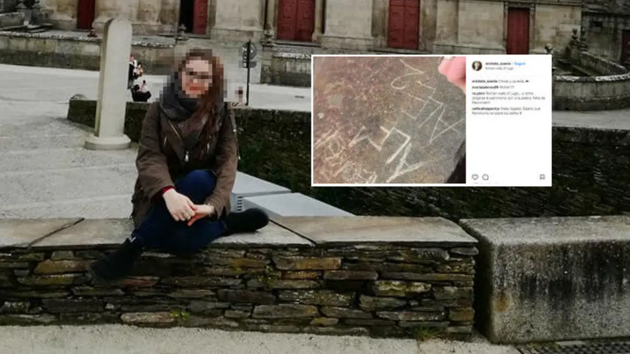La joven posando en la muralla y una captura del vídeo que subió a Instagram dañando el monumento.