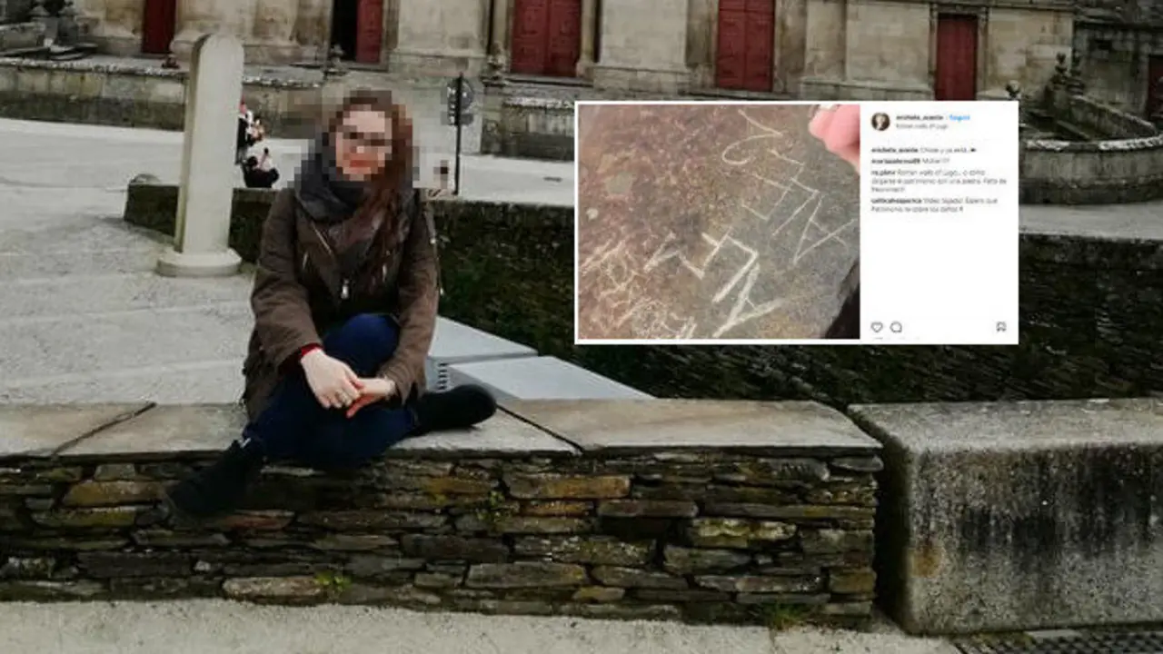 La joven posando en la muralla y una captura del vídeo que subió a Instagram dañando el monumento.