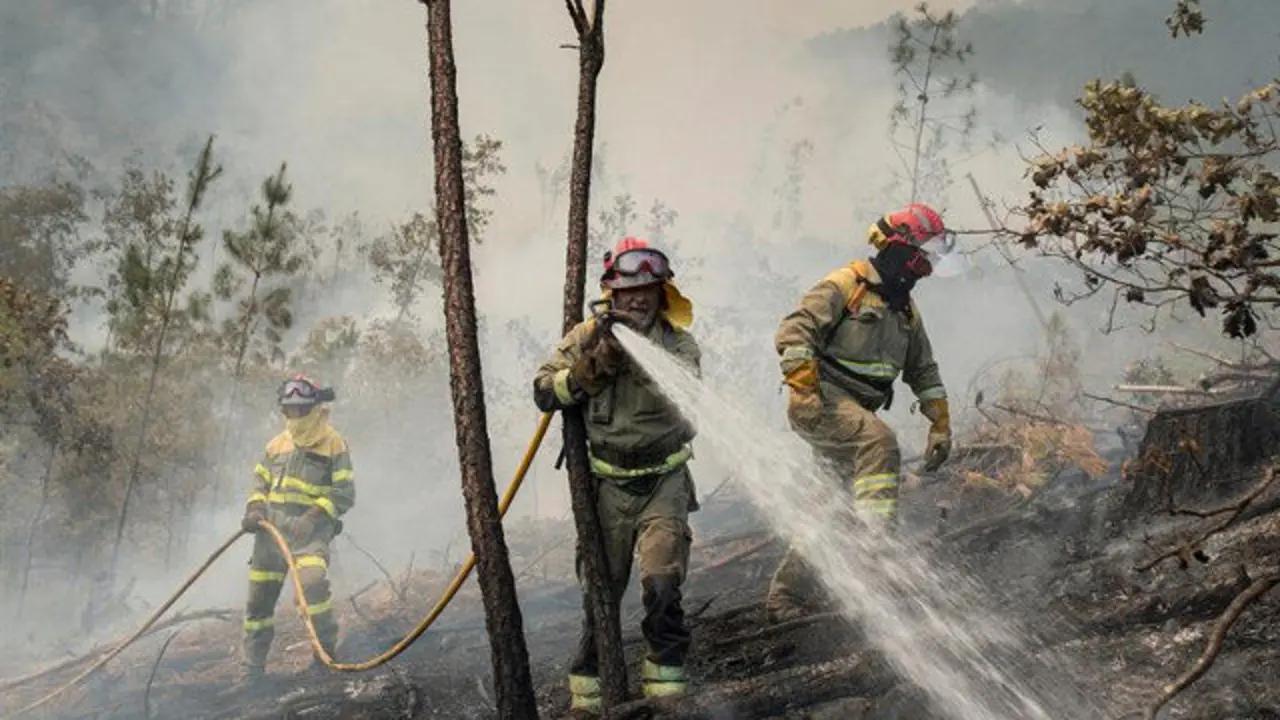 Efectivos de extinción, en el incendio en Cenlle. BRAIS LORENZO (EFE)