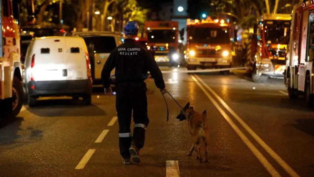 Miembros de la patrulla canina se dirigen al edificio derrumbado en la calle del General Mart&iacute;nez Campos. JUANJO MART&Iacute;N