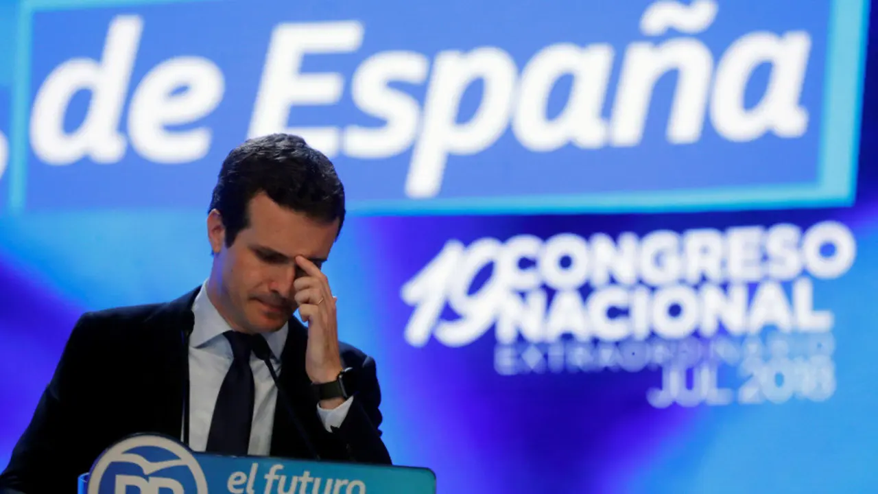 El candidato a la Presidencia del PP, Pablo Casado, durante su intervención en el XIX Congreso del partido. JUAN CARLOS HIDALGO (EFE)