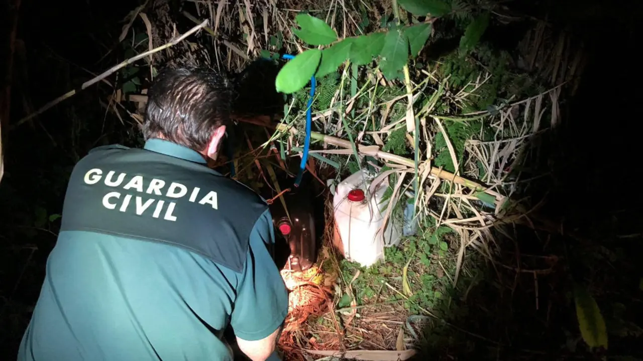 Garrafas de gasoil escondidas entre as matogueiras. GARDA CIVIL PONTEVEDRA