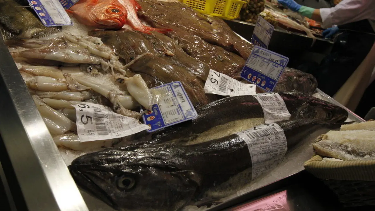 Expositor de una pescadería con merluza. AEP