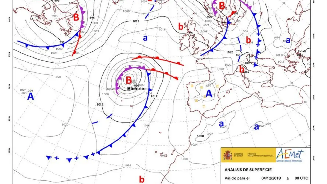 Evolución da borrasca Etienne. AEMET