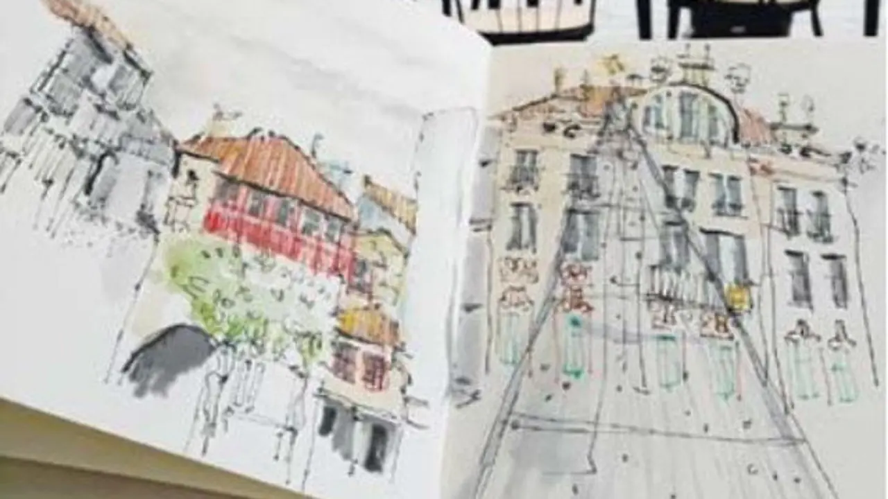 Dibujo de la Praza da Ferrería de Pontevedra de Elena Guevara. DP