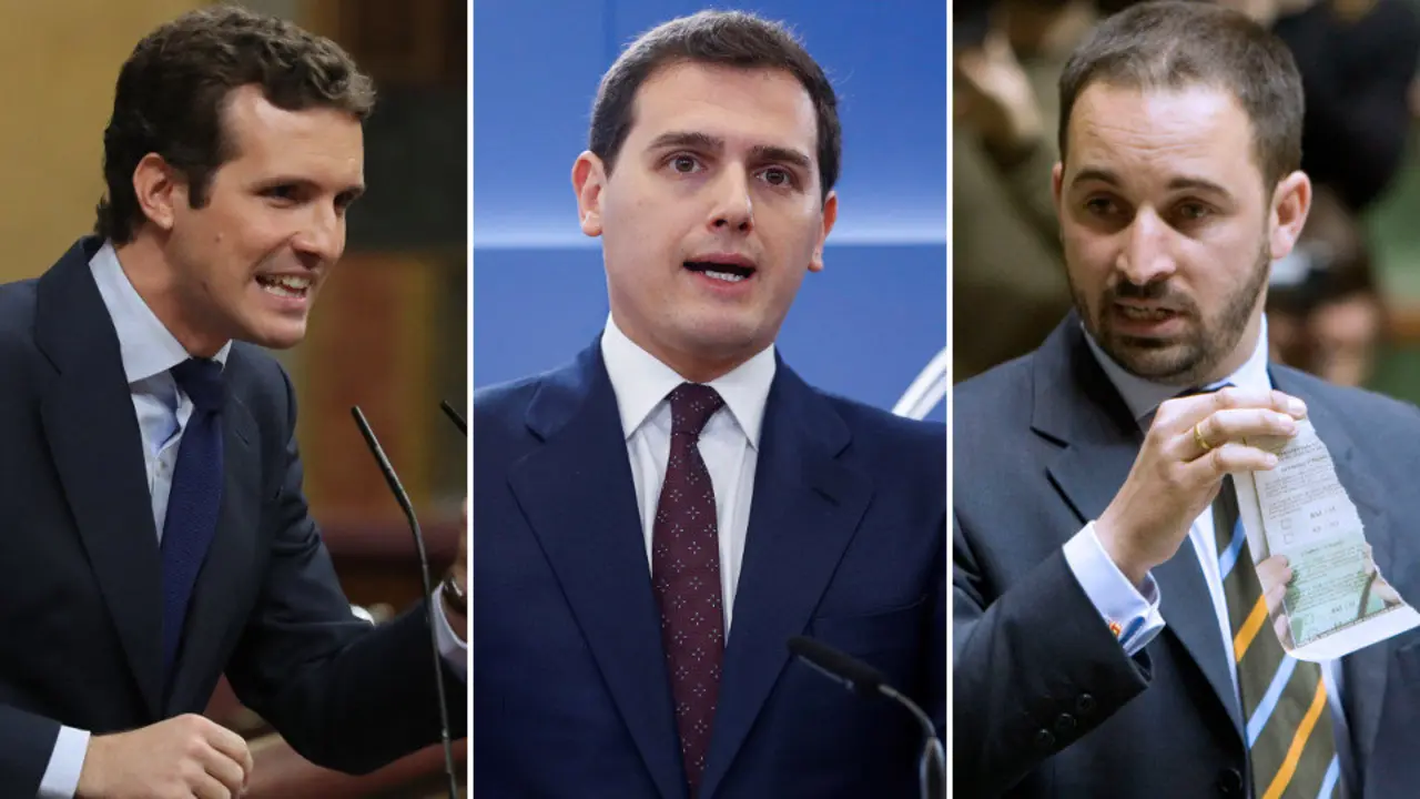 Pablo Casado, Albert Rivera y Santiago Abascal. ARCHIVO