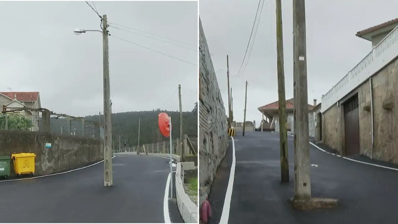 Postes en medio de la carretera que une Souto y Quintáns. TVG