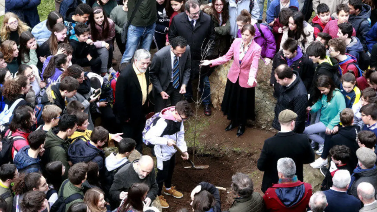 Carmen Pomar xunto aos alumnos do instituto compostelano Antón Fraguas durante a plantación dun carballo. XOÁN REY (EFE)