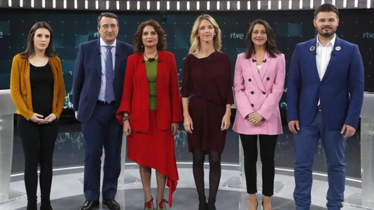 Irene Montero (Unidas Podemos), Aitor Esteban (PNV), Maria Jesús Montero (PSOE), Cayetana Álvarez de Toledo(PP), Inés Arrimadas (Ciudadanos) y Gabriel Rufian (ERC). EFE