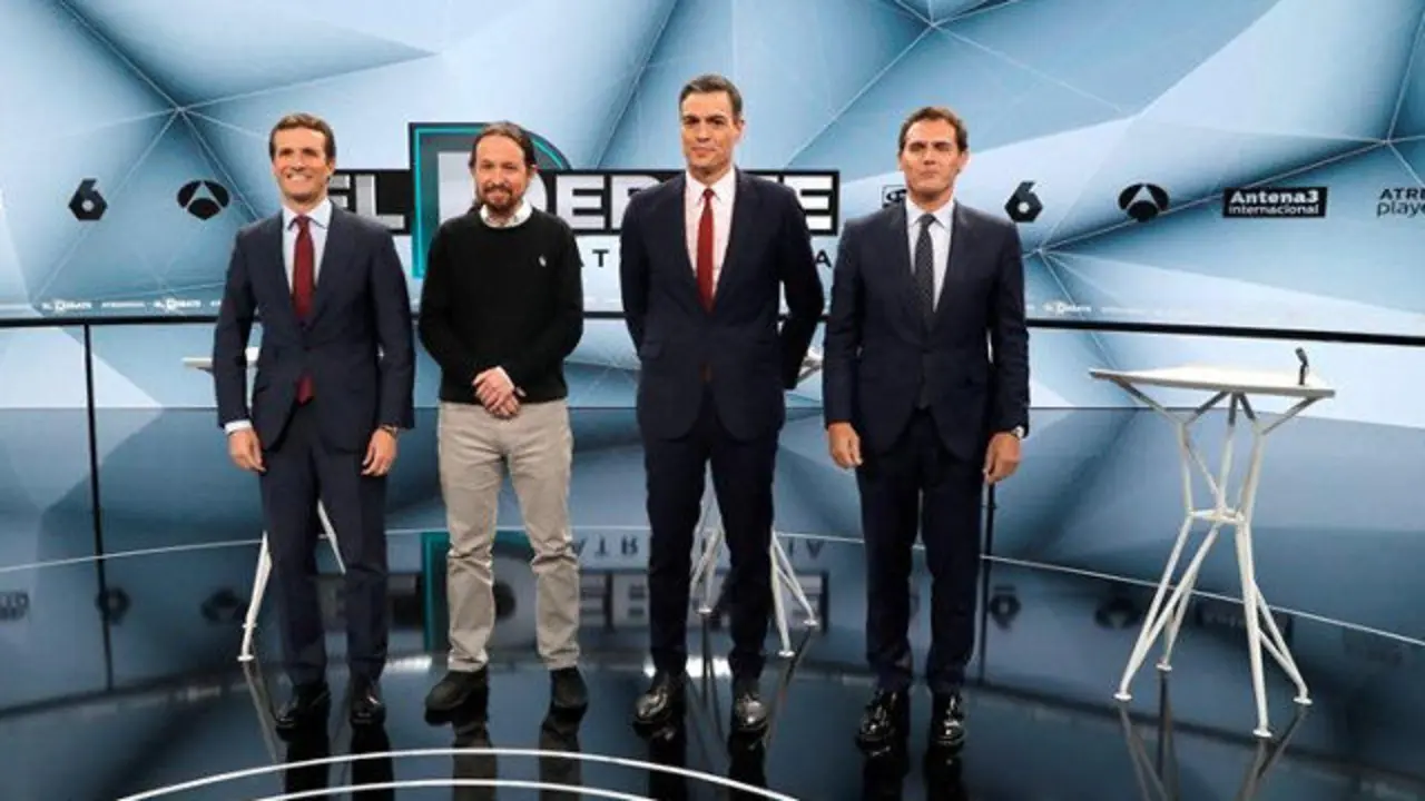 Los cuatro candidatos, antes de que arranque el debate en Atresmedia. EFE