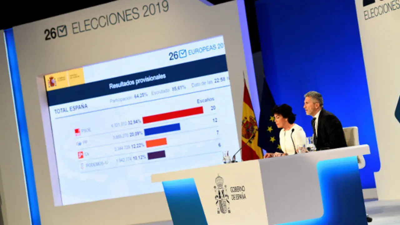 A ministra portavoz en funcións, Isabel Celaá, e o ministro do Interior, Fernando Grande-Marlaska, ofrecen os resultados das eleccións europeas. VÍCTOR LERENA (EFE)
