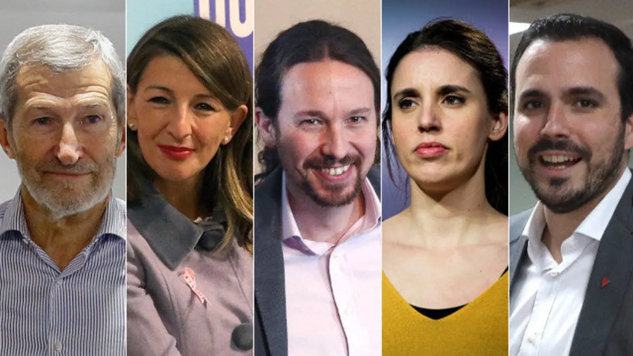 Julio Rodríguez, Yolanda Díaz, Pablo Iglesias, Irene Montero e Alberto Garzón. EFE