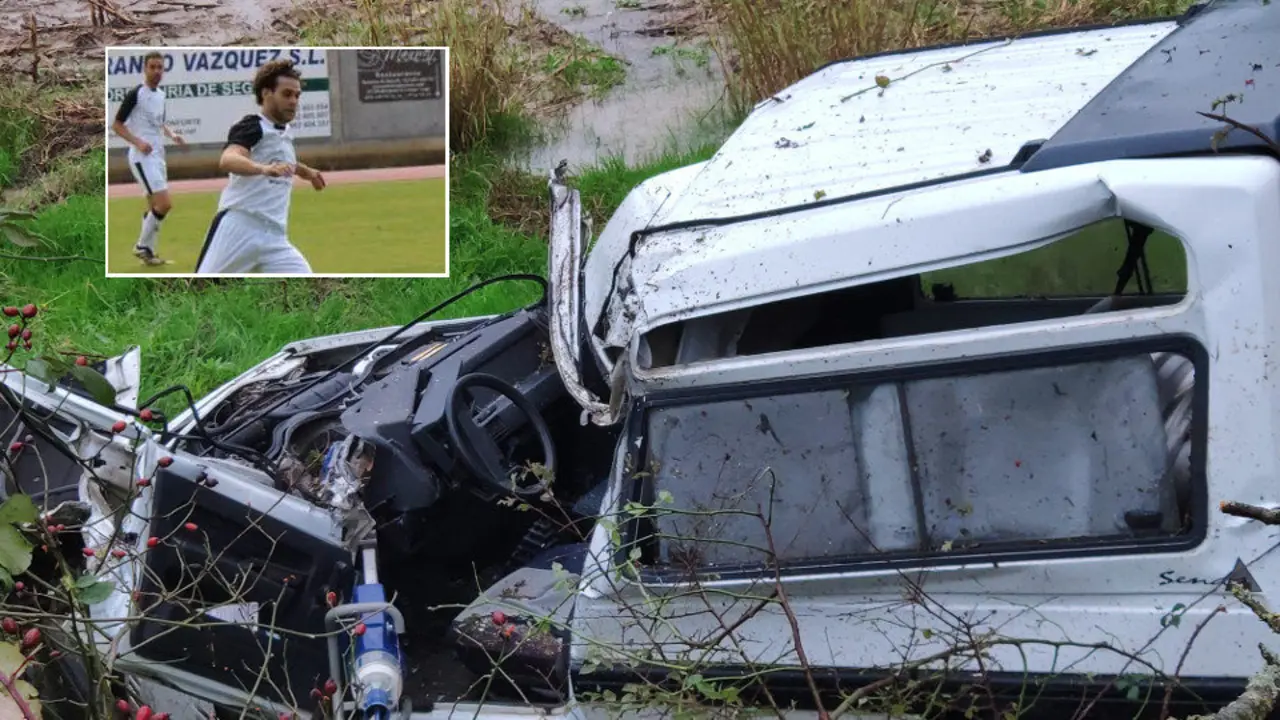 Brais Meco, sobreimpresionado sobre la imagen del vehículo tras el siniestro EP