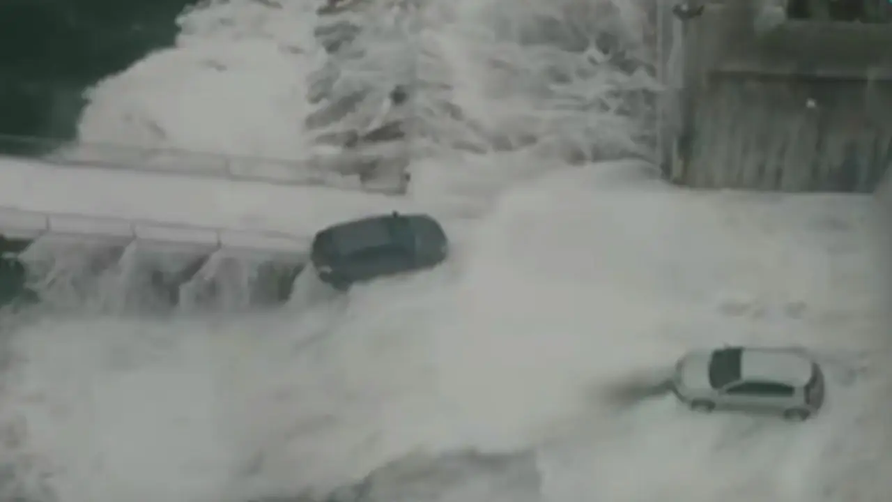 Coches cubiertos por el agua en el dique de abrigo de A Coruña. TVG