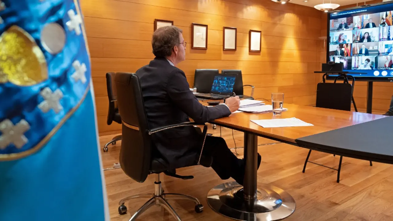 Alberto Núñez Feijóo, durante la videoconferencia de los líderes autonómicos con Pedro Sánchez. XUNTA