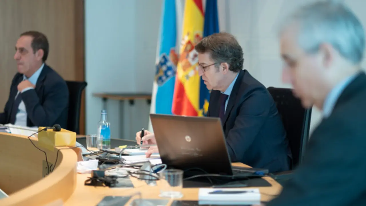 O titular do Goberno galego, Alberto Núñez Feijóo, preside a reunión do Consello da Xunta. San Caetano, Santiago de Compostela, 20/03/20.
