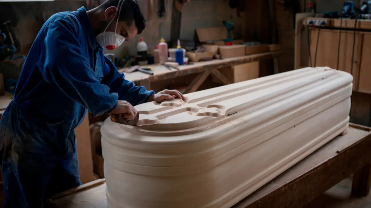 Un operario de la empresa Ataúdes Galicia, situada en Piñor, trabaja en la fabricación de un féretro. BRAIS LORENZO (EFE)