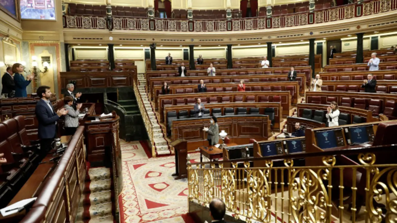 Os membros do Congreso dos Deputados aplauden en homenaxe aos membros do persoal sanitario. MARISCAL (EFE)