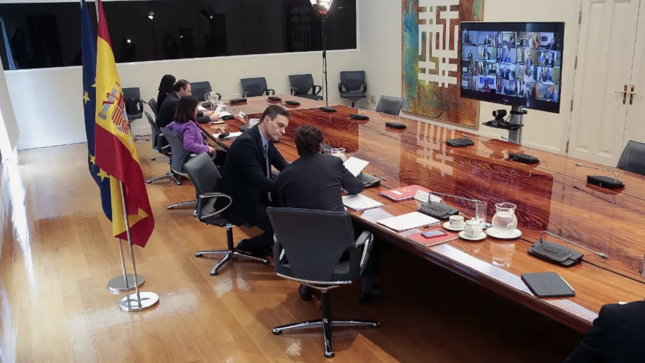 El presidente del Gobierno charla con el ministro de Sanidad durante la reunión telemática dominical con los presidentes autonómicos. EFE