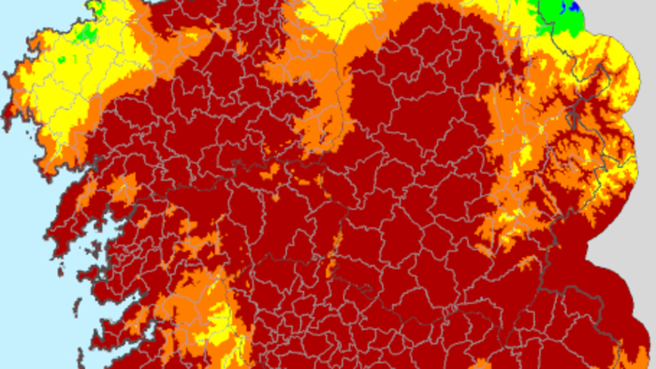 Mapa do &iacute;ndice de risco diario de incendio (IRDI) deste domingo elaborado pola Conseller&iacute;a do Medio Rural. XUNTA