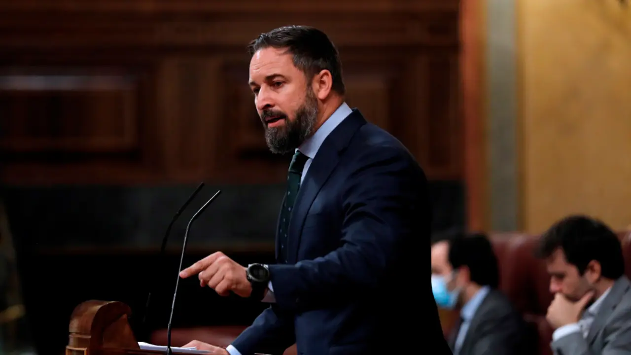 El líder de Vox, Santiago Abascal, durante su intervención en el pleno del Congreso de este miércoles. EMILIO NARANJO (EFE)