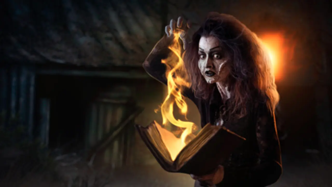 Scary witch holds spellbook, dark powers of witchcraft, spiritual seance. Female foreteller calls the spirits, terrible future teller