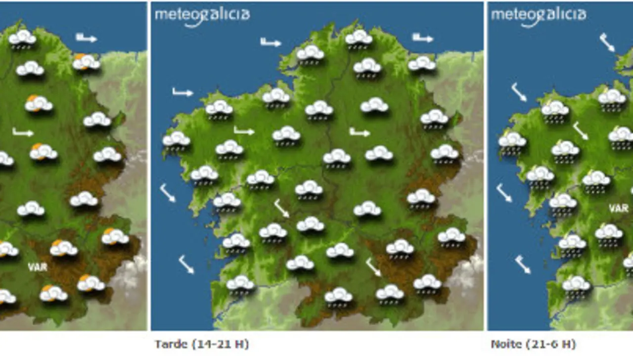 Mapa da previsi&oacute;n do tempo para este s&aacute;bado en Galicia.METEOGALICIA