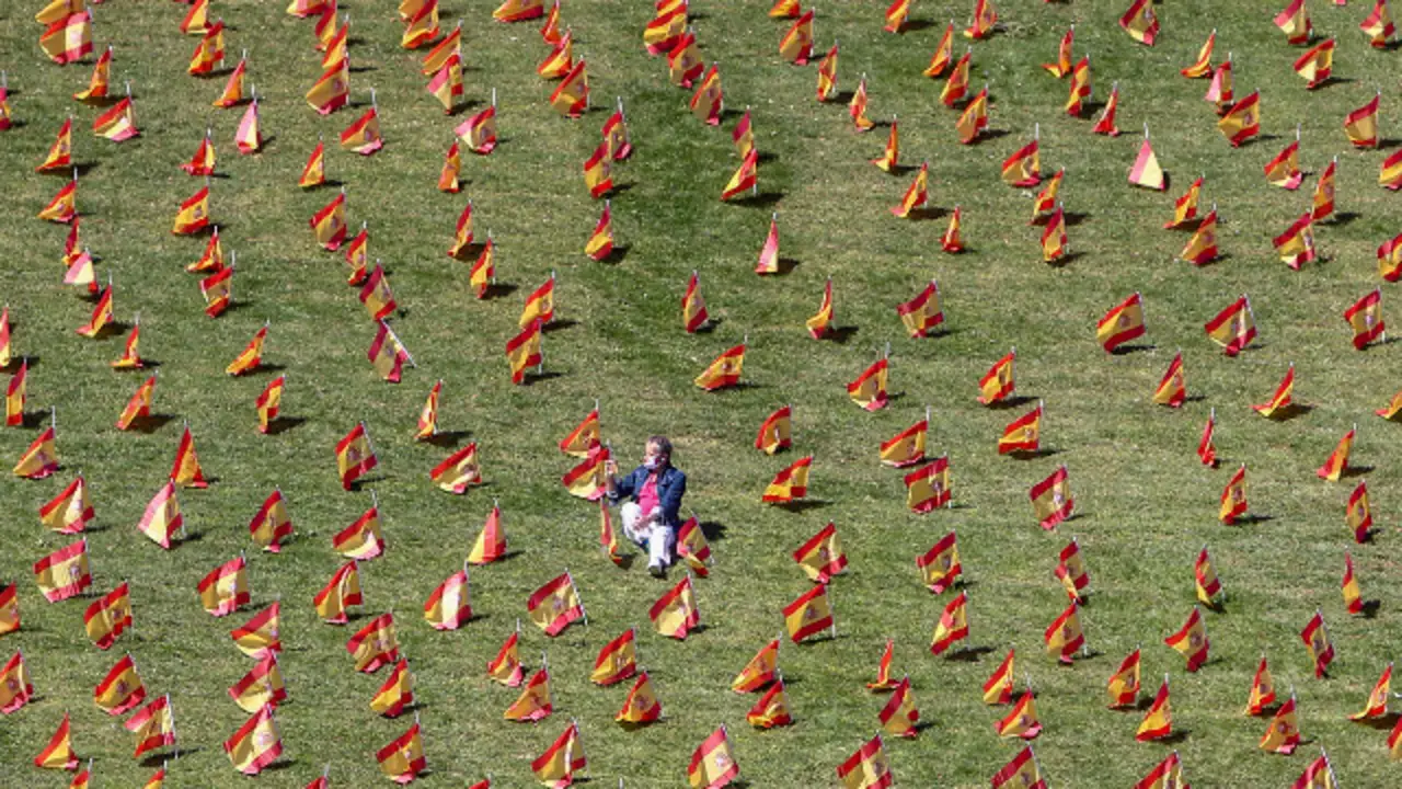 Las banderas de España, en el parque Roma de Madrid. RICARDO RUBIO