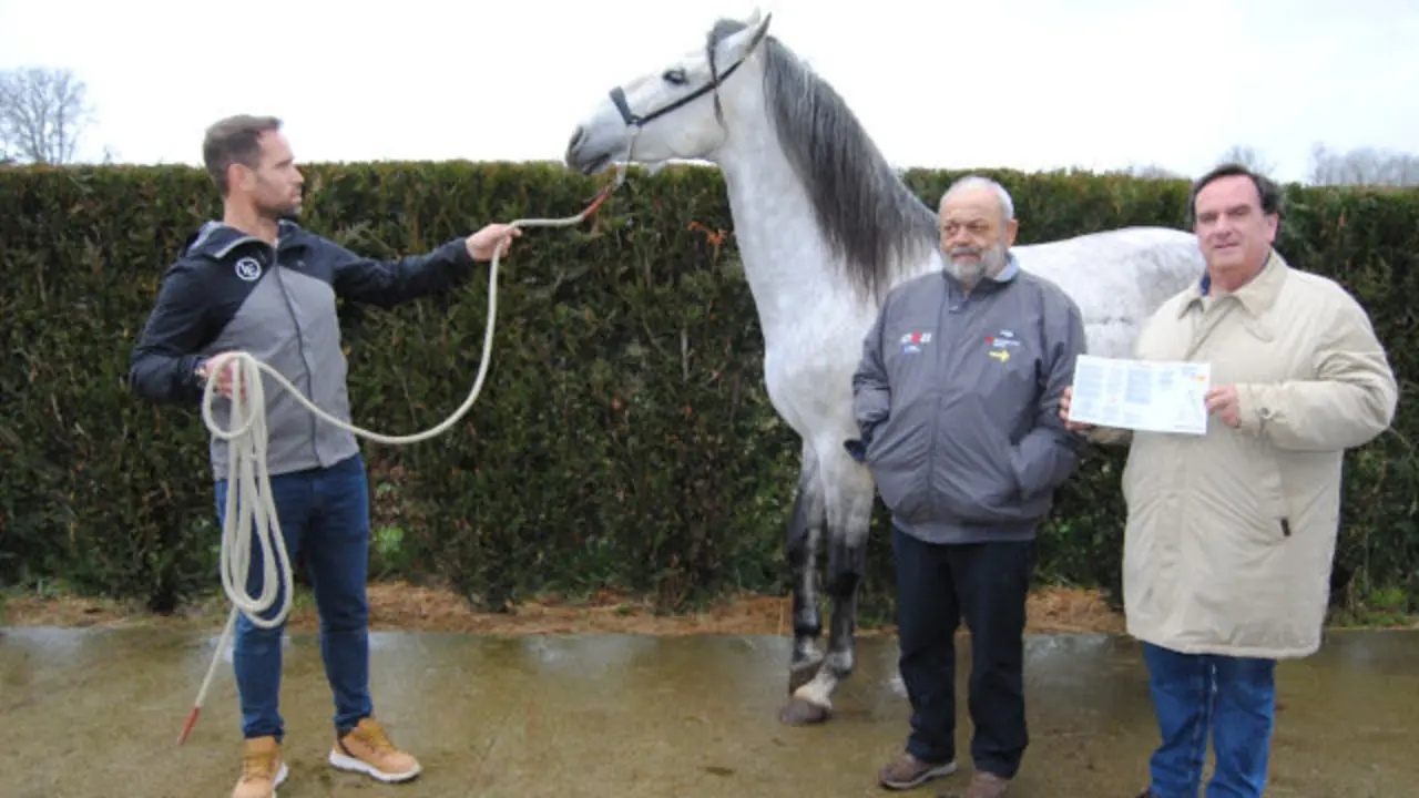 Iván Erik Vázquez, Jorge López y Xacobo Pérez, con la credencial y uno de los caballos de El Mayoral. VILA