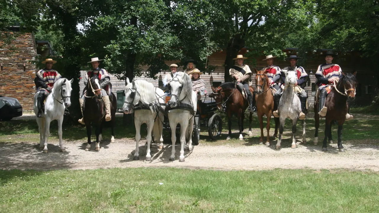 Los seis jinetes y el coche de caballos, a su llegada a Sarria. PORTO