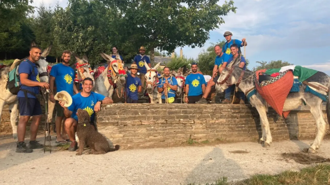 Algunos de los participantes en la iniciativa, junto a los seis asnos con los que peregrinan. EP