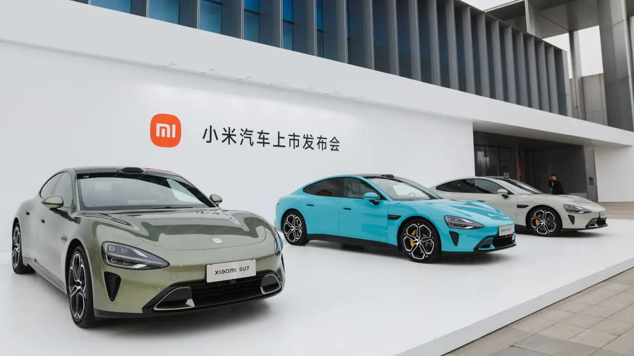 Varios modelos del Xiaomi SU7 en una exhibición en Pekín. EFE