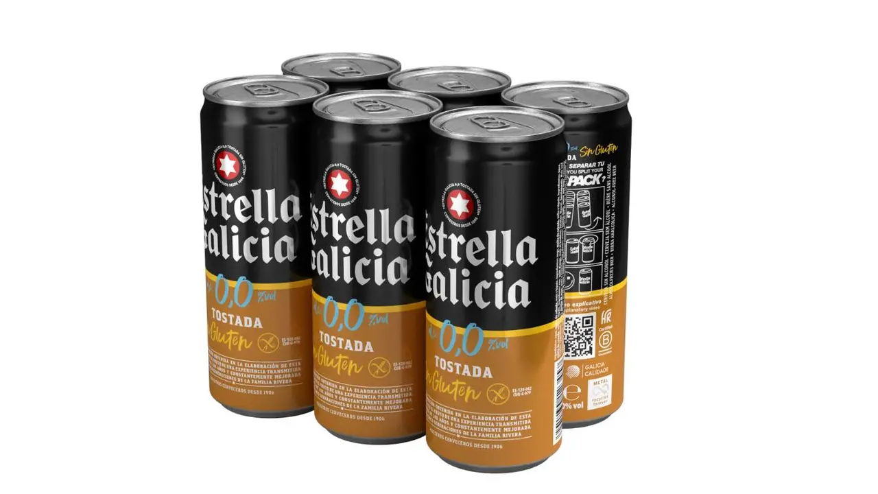 Pack de seis latas de Estrella Galicia 0,0 tostada