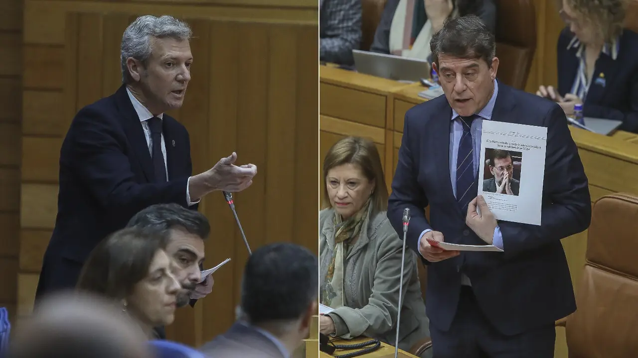 Alfonso Rueda y Jos&eacute; Ram&oacute;n G&oacute;mez Besteiro, este mi&eacute;rcoles en el Parlamento. NACHO SANT&Aacute;S (AGN)