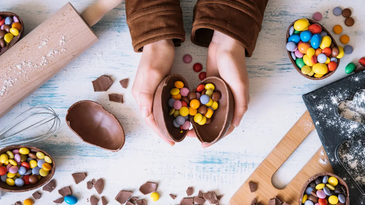 Un huevo de chocolate relleno de dulces. FREEPIK