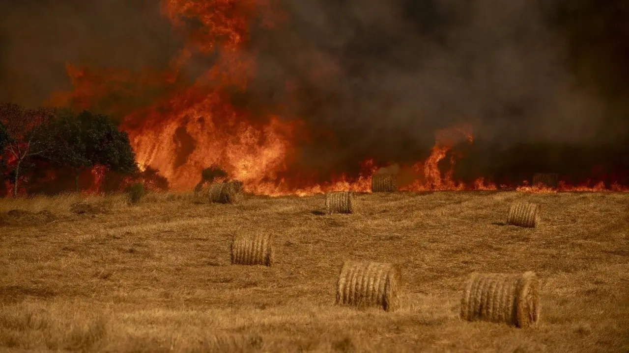 Rollos de paja en llamas en A Gudiña.BRAIS LORENZO EFE