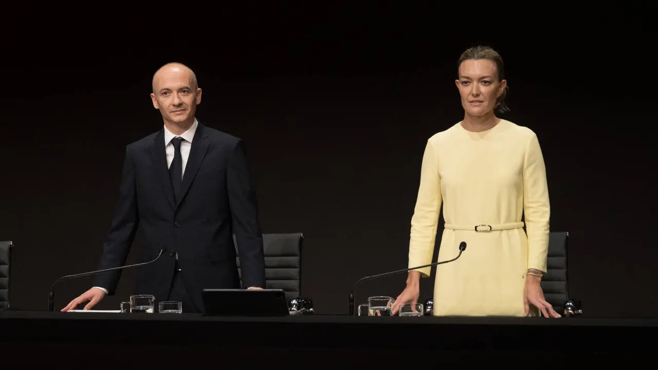 Óscar García Maceiras y Marta Ortega, en la junta de accionistas de Inditex celebrada en julio. EUROPA PRESS