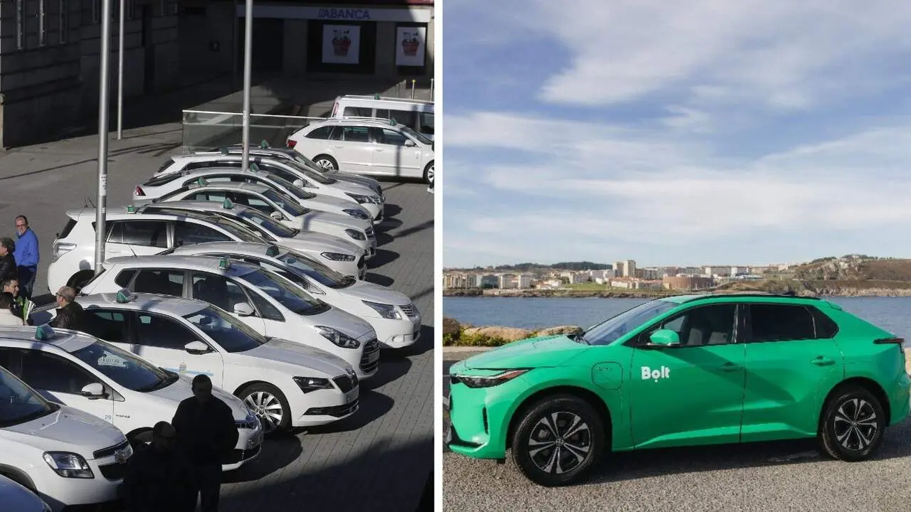 Taxistas y un VTC de la flota de Bolt en A Coruña. JAVIER CERVERA BOLT