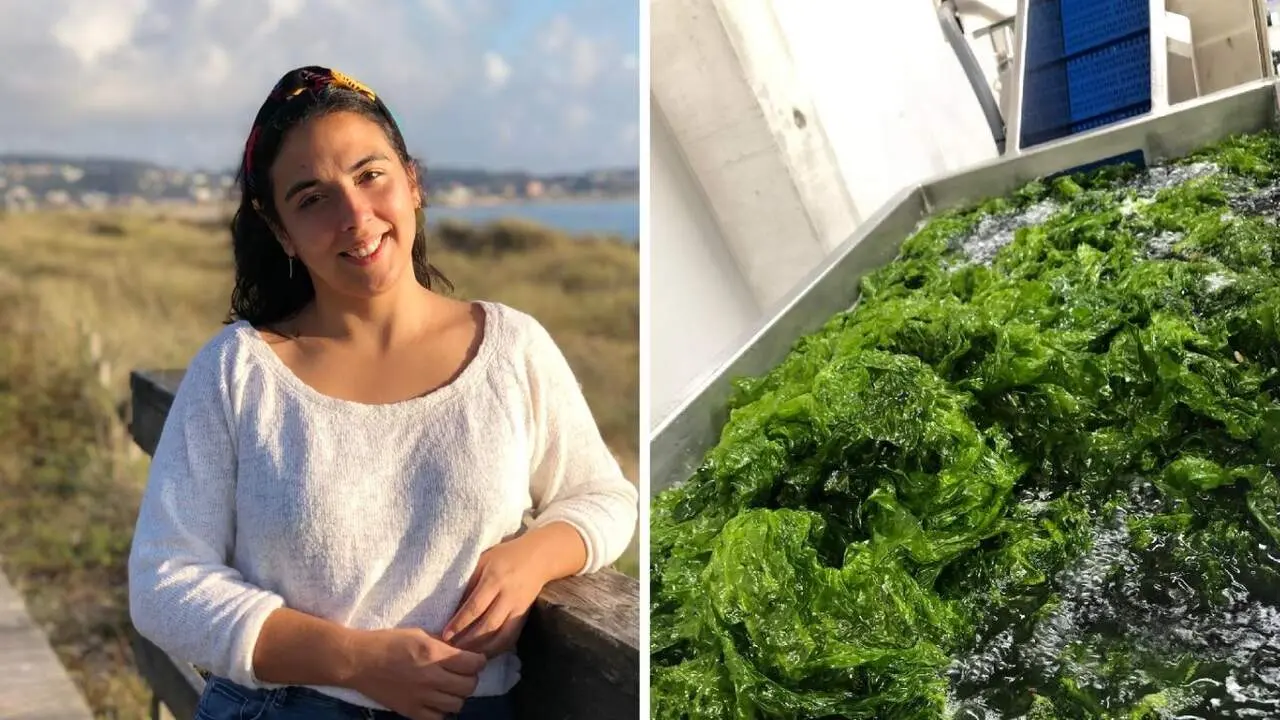 Elena Fontán y un depósito de algas en las instalaciones de Orixe Salgada.CEDIDAS