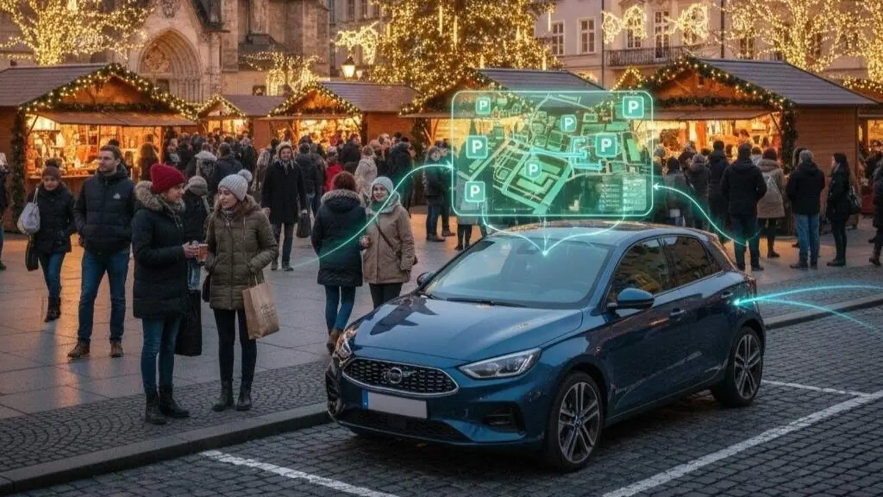 Coche aparcado frente a un mercado navide&ntilde;o